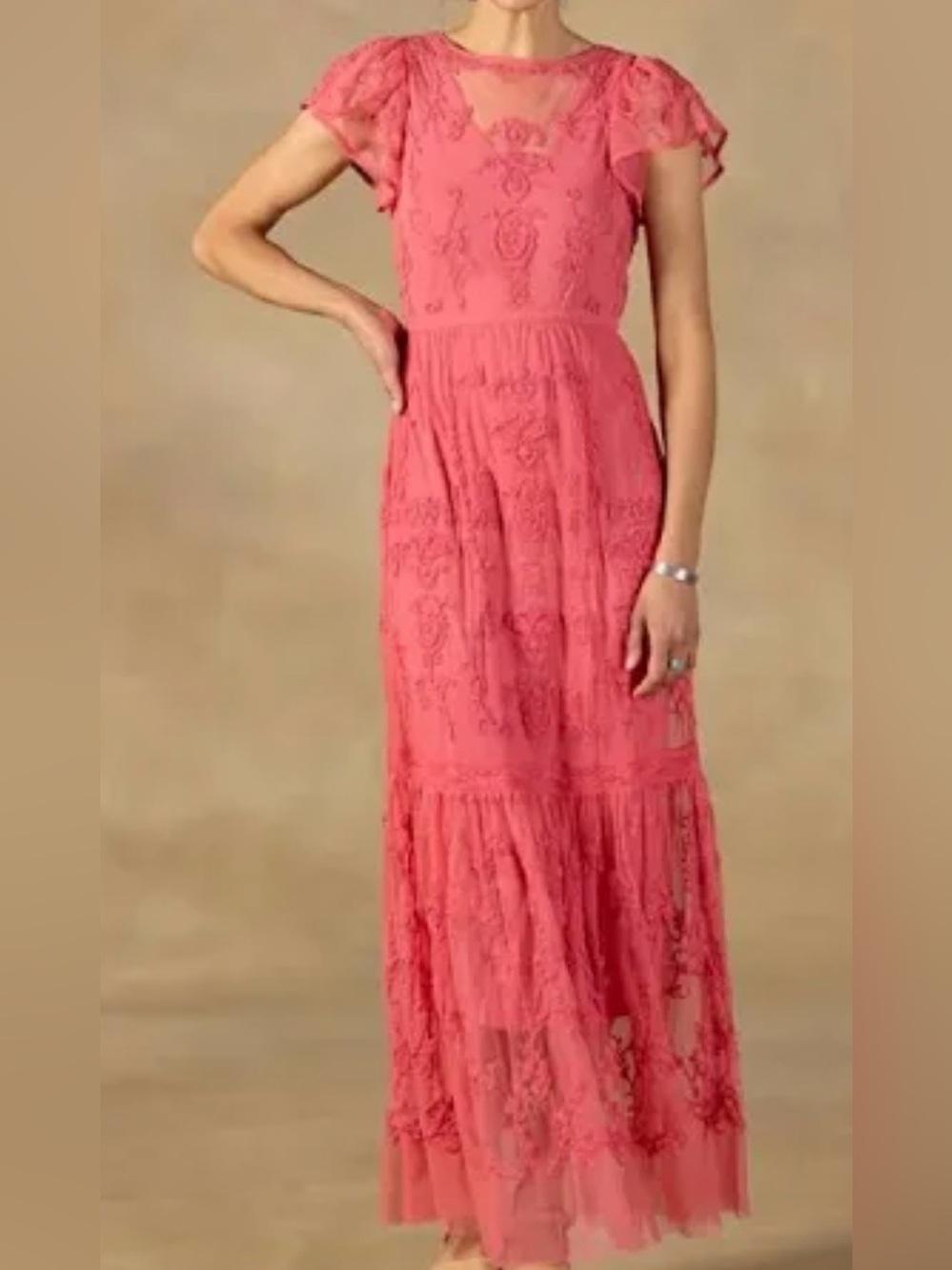 Elegant Coral Lace Maxi Dress - Brand